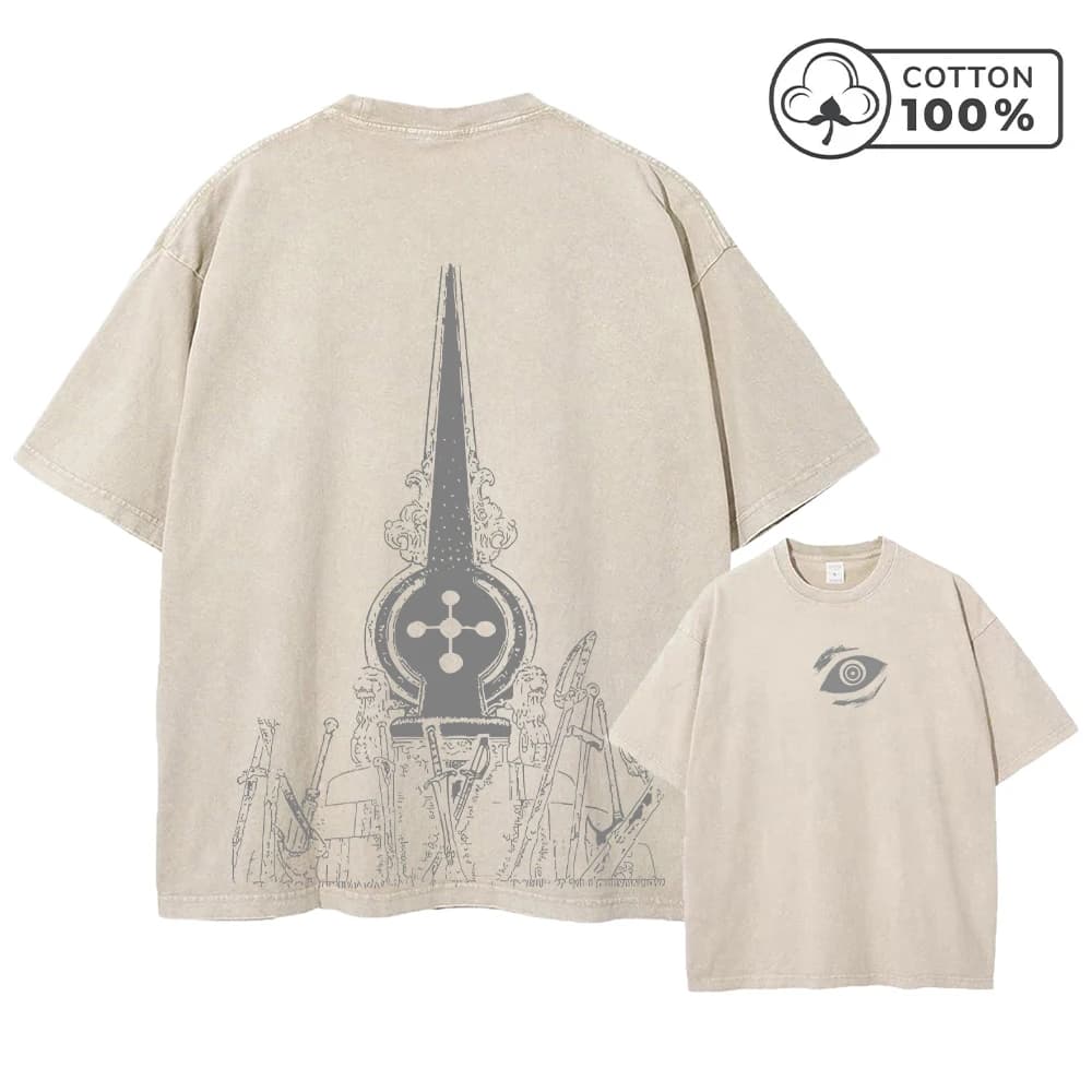 Men's Creative Spire Print Retro Washed T-Shirt Breathable Pure Cotton Casual Short Sleeve Summer Fitness Running Casual Top