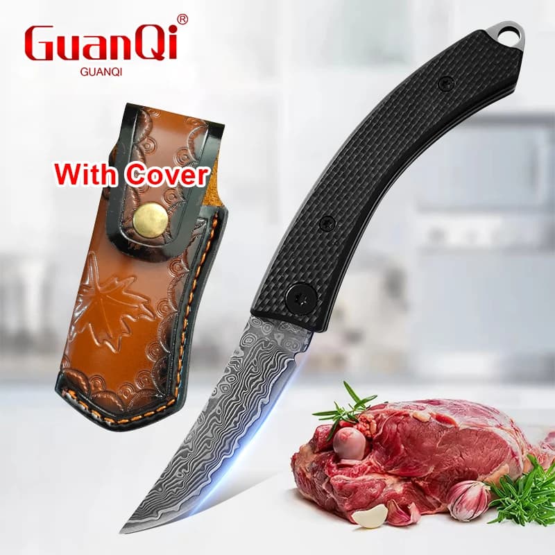 Damascus Steel Folding Fruit Knife Sharp Boning Knife BBQ Meat Cutting Knife Pocket Paring Slicing Kitchen Knive with Sheath