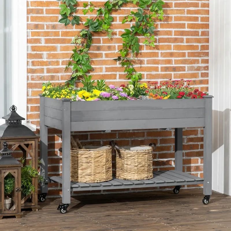Fioriera rialzata in legno da 47" x 21" con ruote bloccabili, ripiano portaoggetti per giardino, grigio scuro