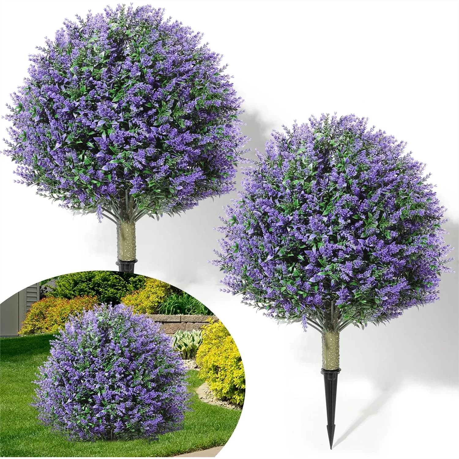 Confezione da 2 Piante Artificiali a Sfera Topiaria da 60 cm con Fiori, Resistenti ai Raggi UV, Finte Piante da Esterno per Decorazione Porta d'Ingresso (Viola, Rosa)