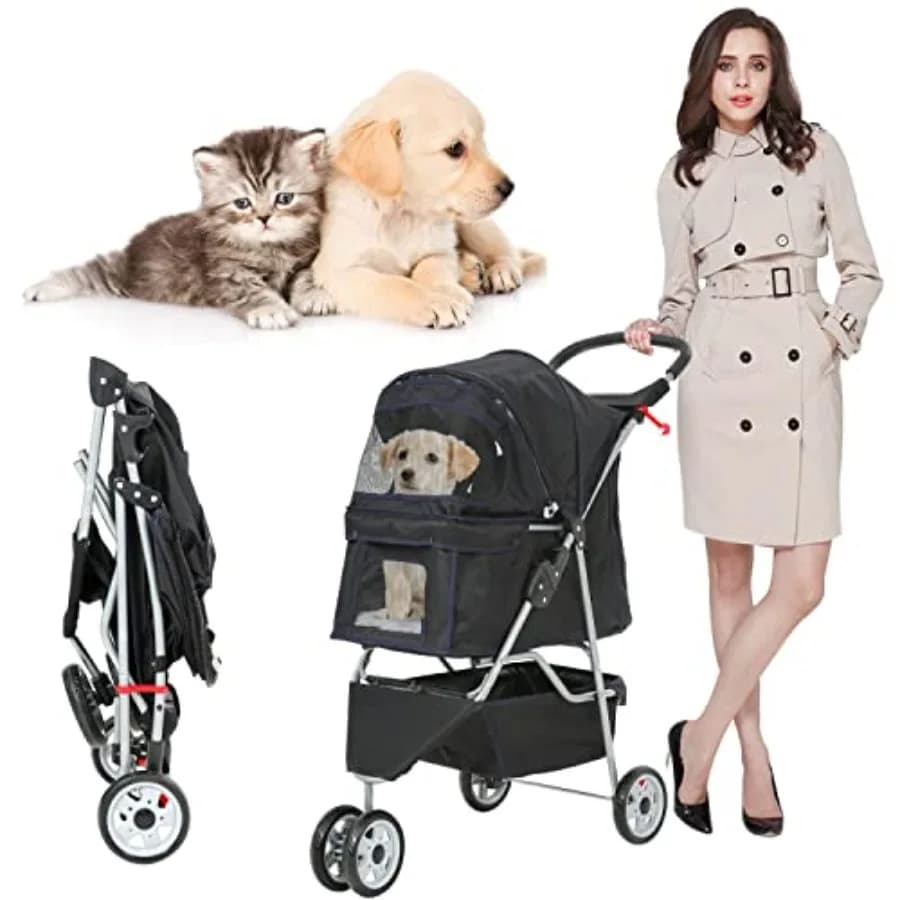 Passeggino per cani e gatti di piccola/media taglia: passeggino da viaggio pieghevole a 3 ruote in nero, telaio leggero in alluminio, rete con cerniera.