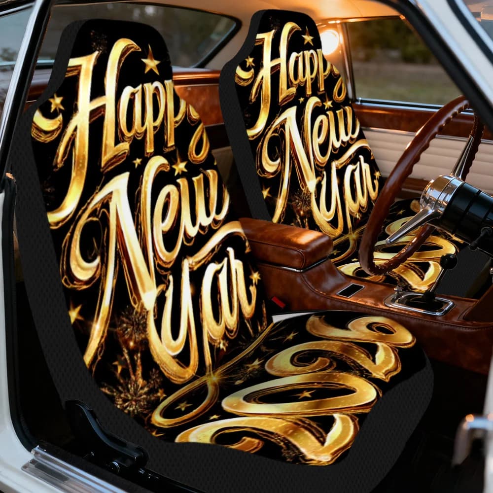 2 luxury car seat covers for New Year 2026 compatible with front seats derision/ SUV, soft fit with golden design for New Year - Machine W