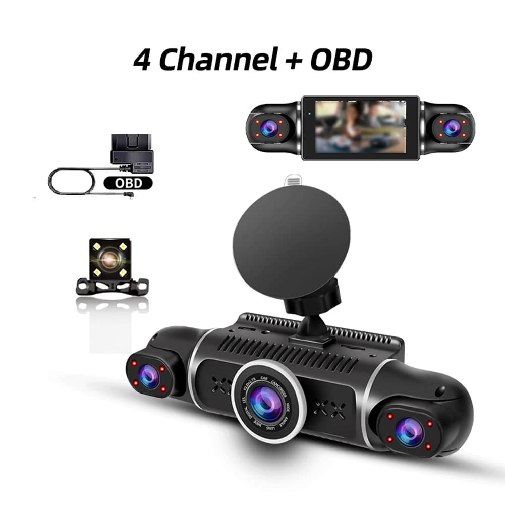 Dashcam a triplo canale 1080P per veicoli con registrazione anteriore, posteriore e interna, con visione notturna e connessione wireless per telefono.