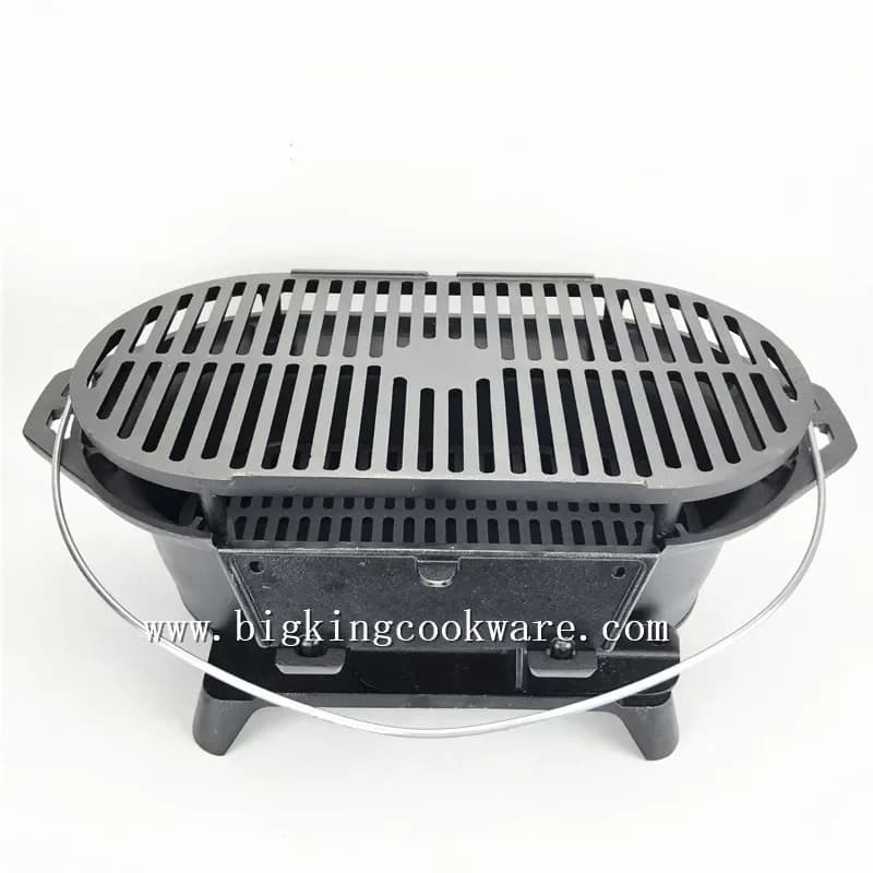 Portable Cast Iron BBQ Grill Pan for Camping Outdoor Charcoal Barbecue Non Stick Griddle Plate with Handle Heavy Duty Cooking