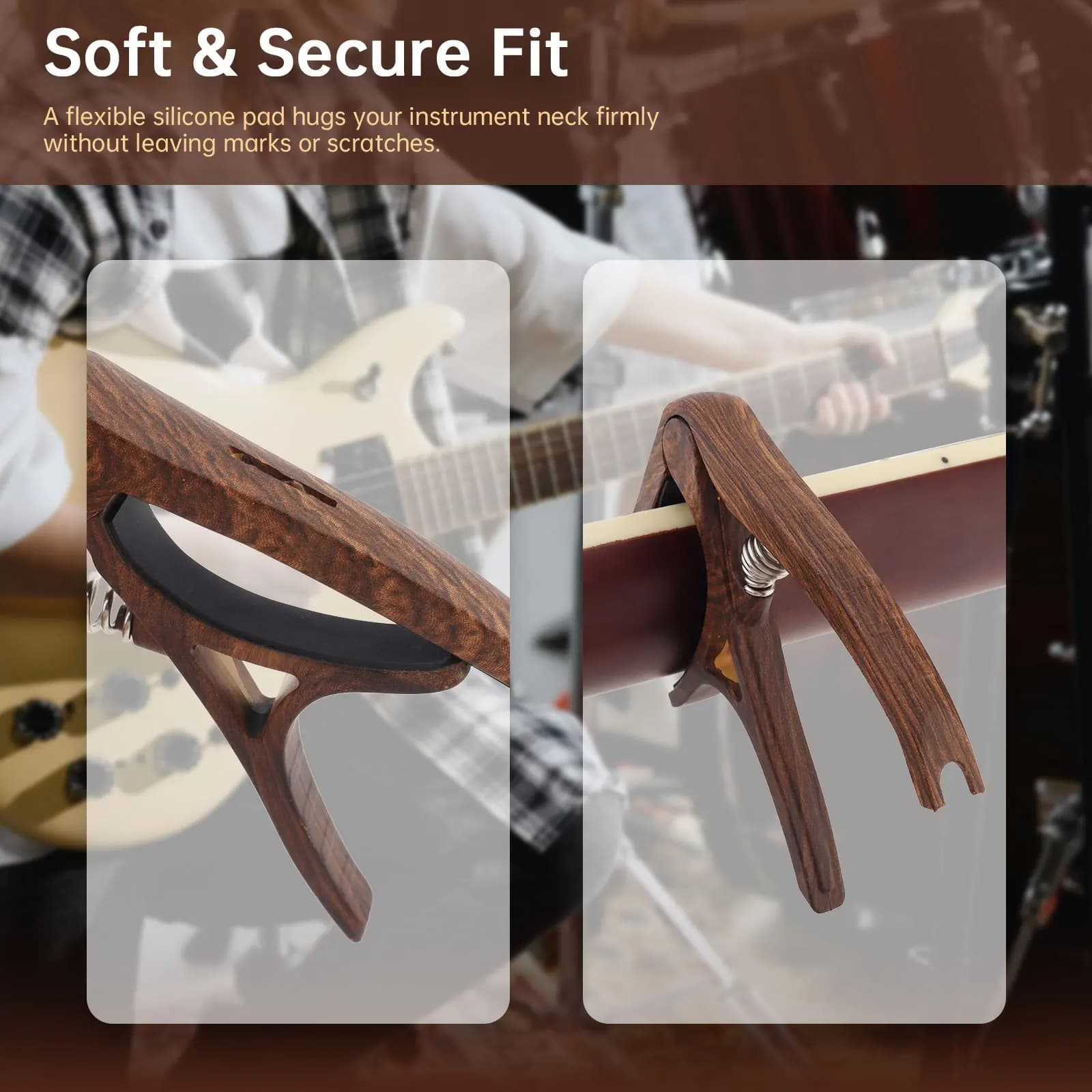 2 pz Imitazione Grano di Legno Chitarra Capos per Chitarra Elettrica Acustica Banjo Mandolino Ukulele Capotasto Pick Holder Spille Estrattore