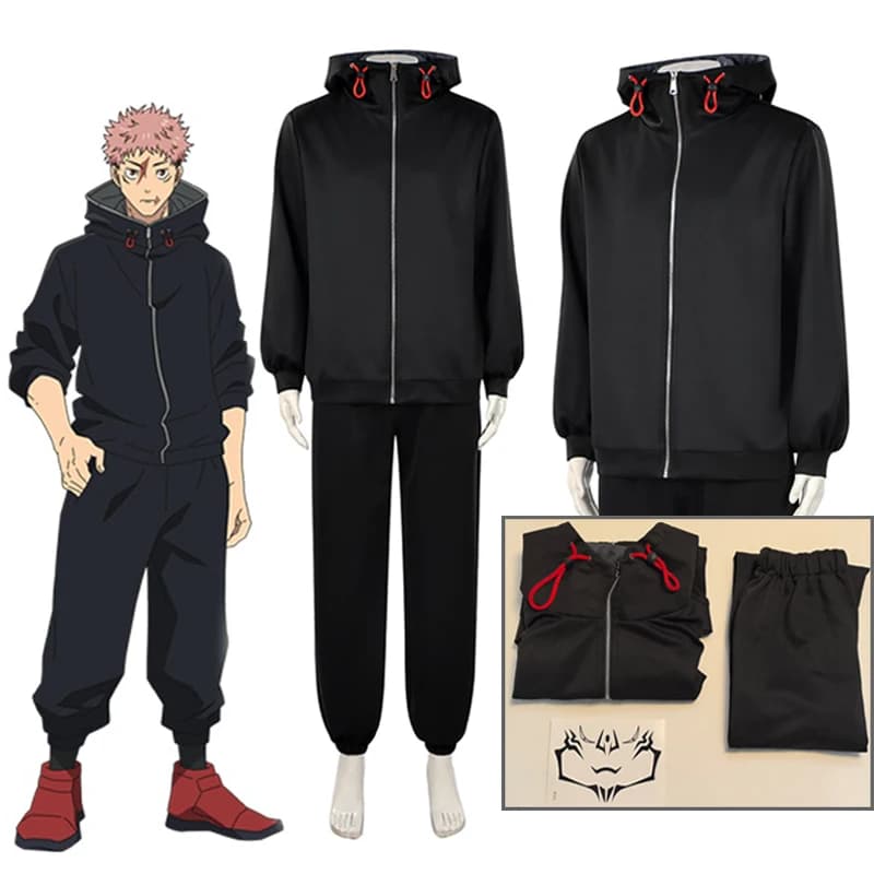 Set Costume Cosplay Yuji Itadori con Parrucca, Giacca Nera, Felpa con Cappuccio, Uniforme Anime, Abbigliamento Sportivo, Halloween, Unisex