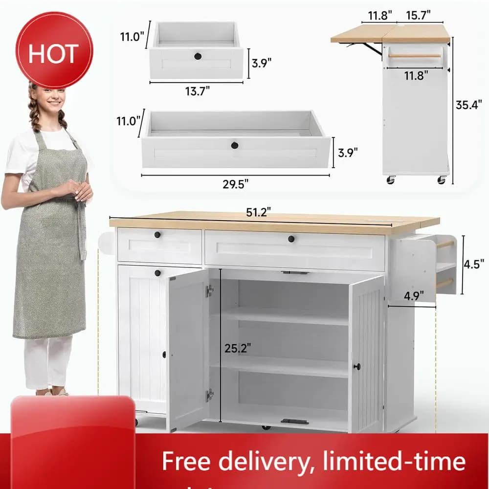 Promozione: Isola da Cucina da 60 Pollici con Alimentazione Integrata, Piano Ribaltabile, Porta Spezie, Portasciugamani e Contenitore per Rifiuti