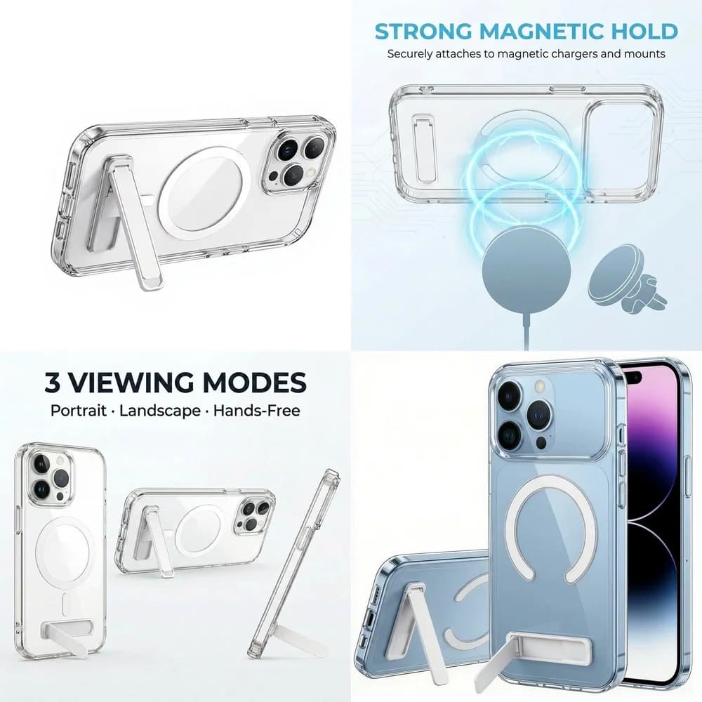New Arrival Clear Magnetic Phone Case Vertical Horizontal Stand Raised Edges for iPhone 11 12 13 14 15 16 17 Pro Max Plus mini
