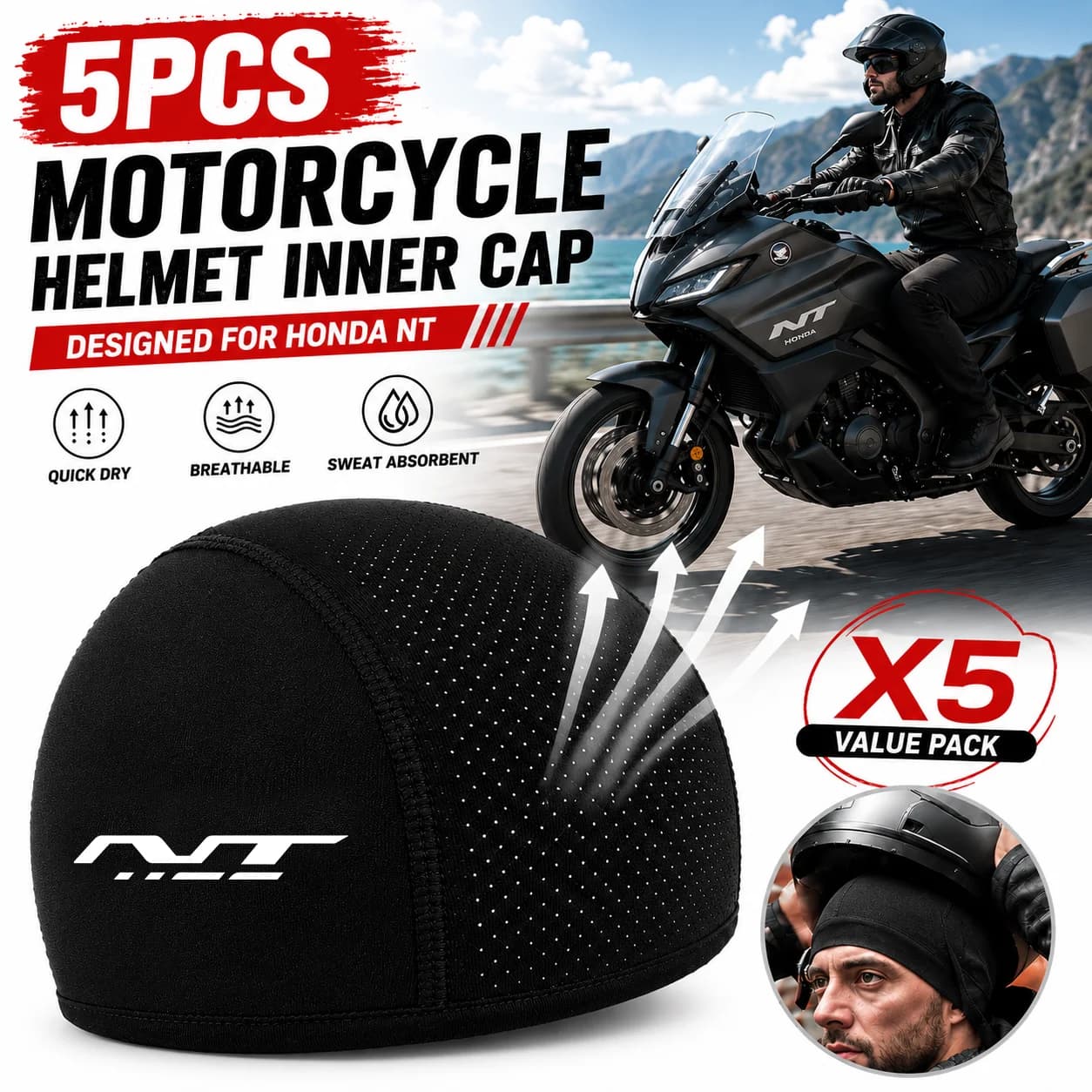 5pcs Motorcycle Helmet Inner Cap Hat Quick Dry Breathable Hat Racing Cap Thin Soft Rider Gear For Honda NT1100 NT 1100 2022 2023