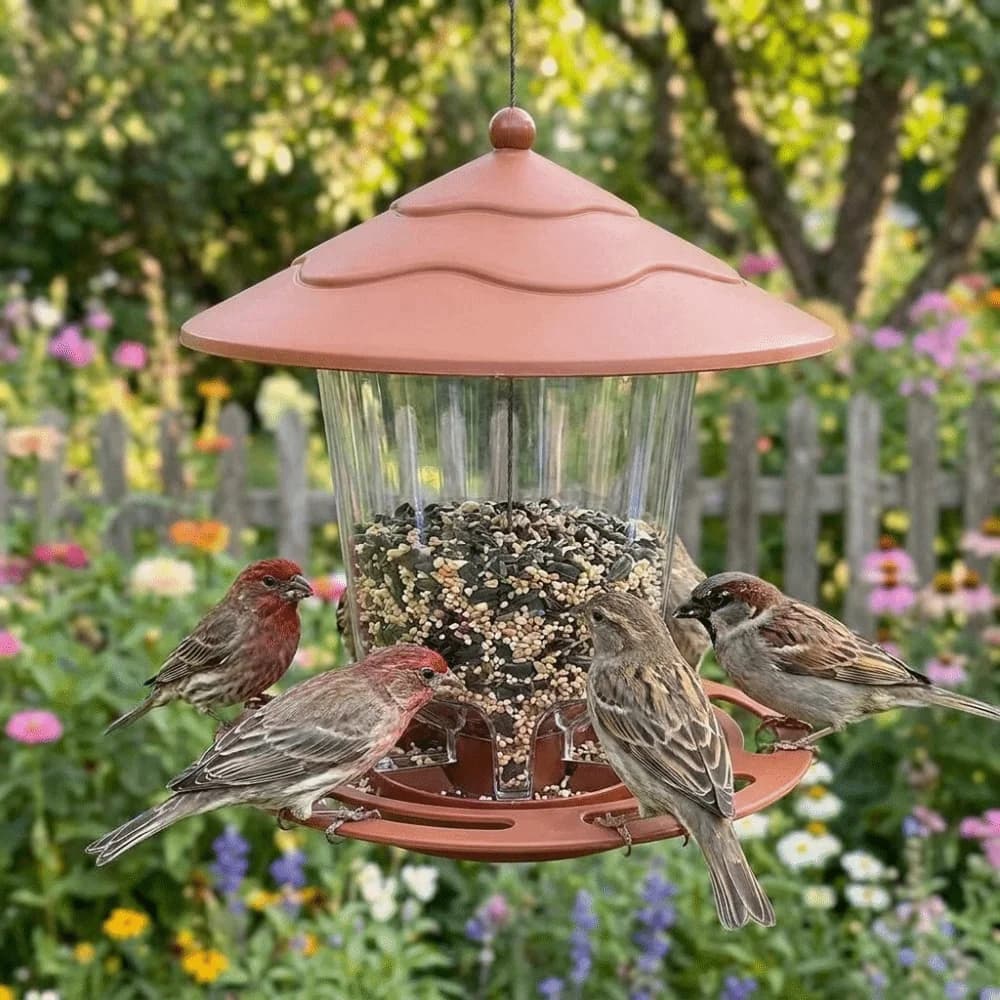 Gazebo Style Hanging Wild Bird Feeder Large Capacity with Hang Rope Bird Feeding Station Decorative Plastic Bird Food Container