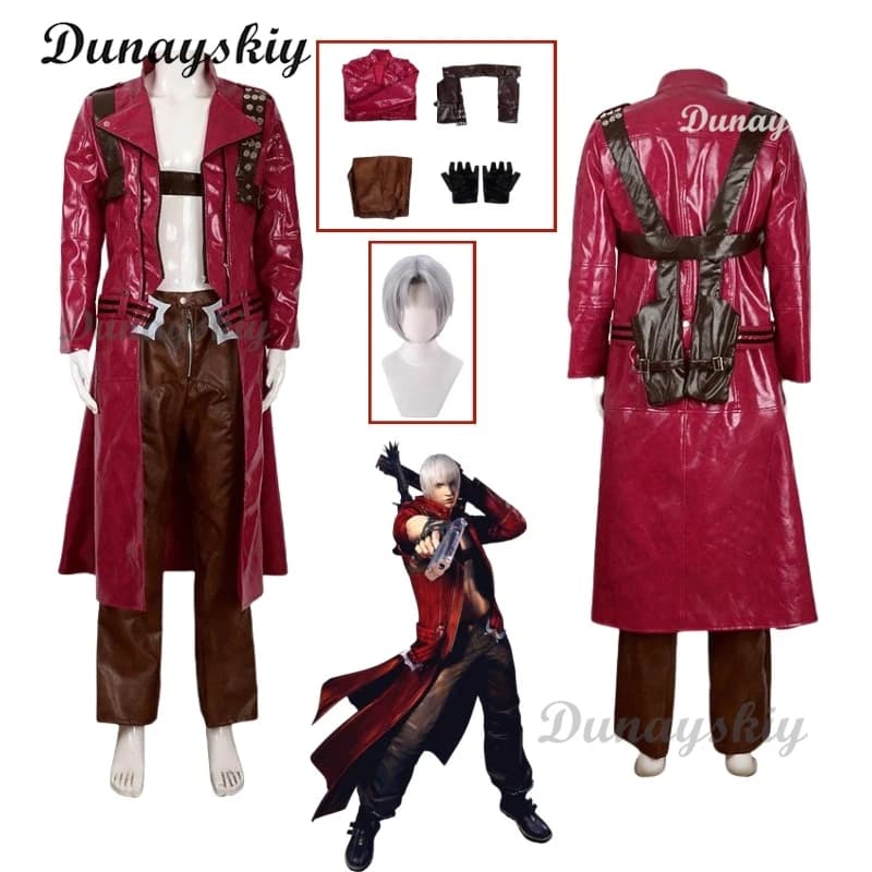 Devil Cos May Cry 3 Dante Costumes Cosplay Wig Uniforms Men's Play Collar Long Poncho Red Jacket Halloween Carnival Set