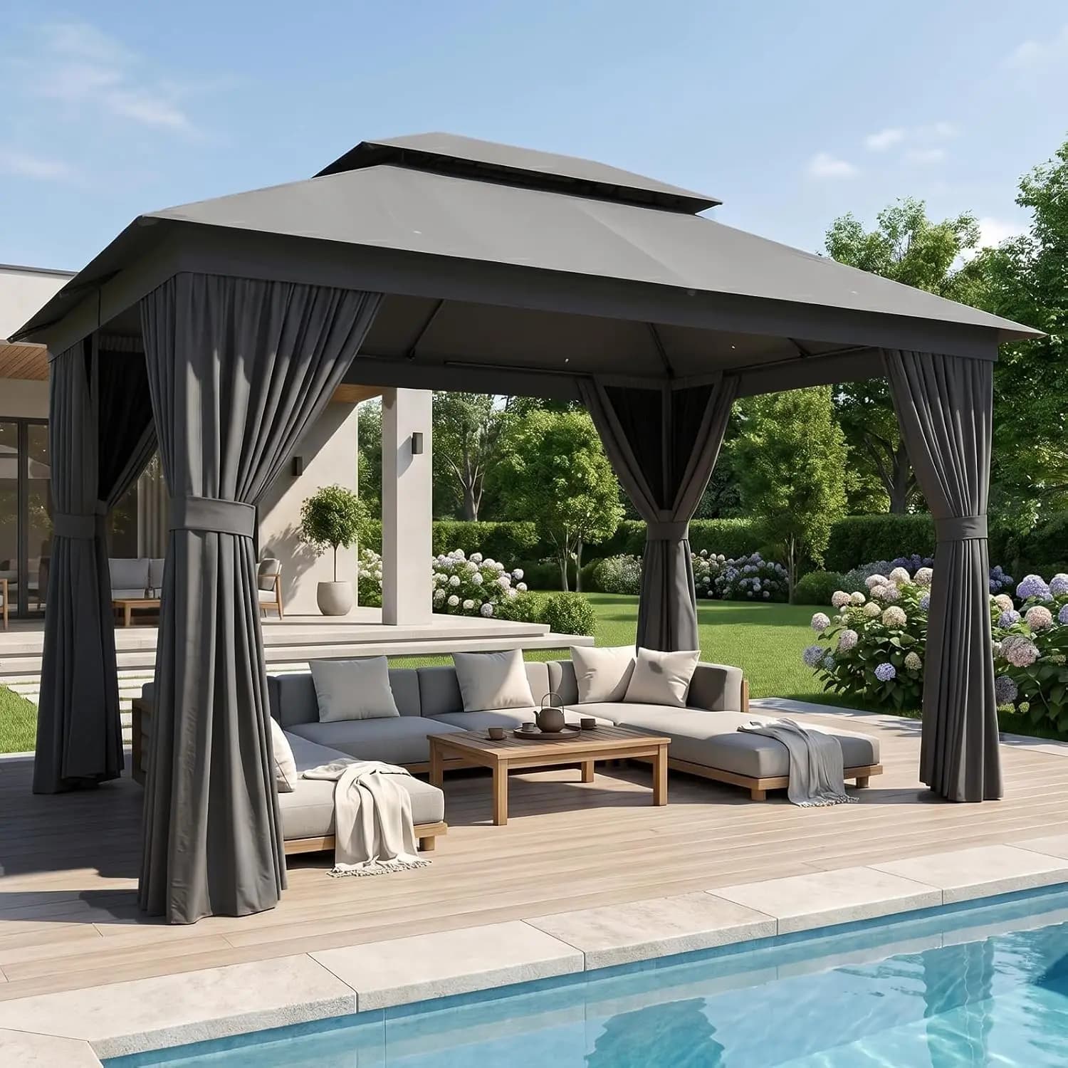 Outdoor Gazebo, 50mm Steel Frame Double Roof Canopy Pavilion Curtains & Netting for Backyard Garden, UPF 50+, 1500MM Waterproof