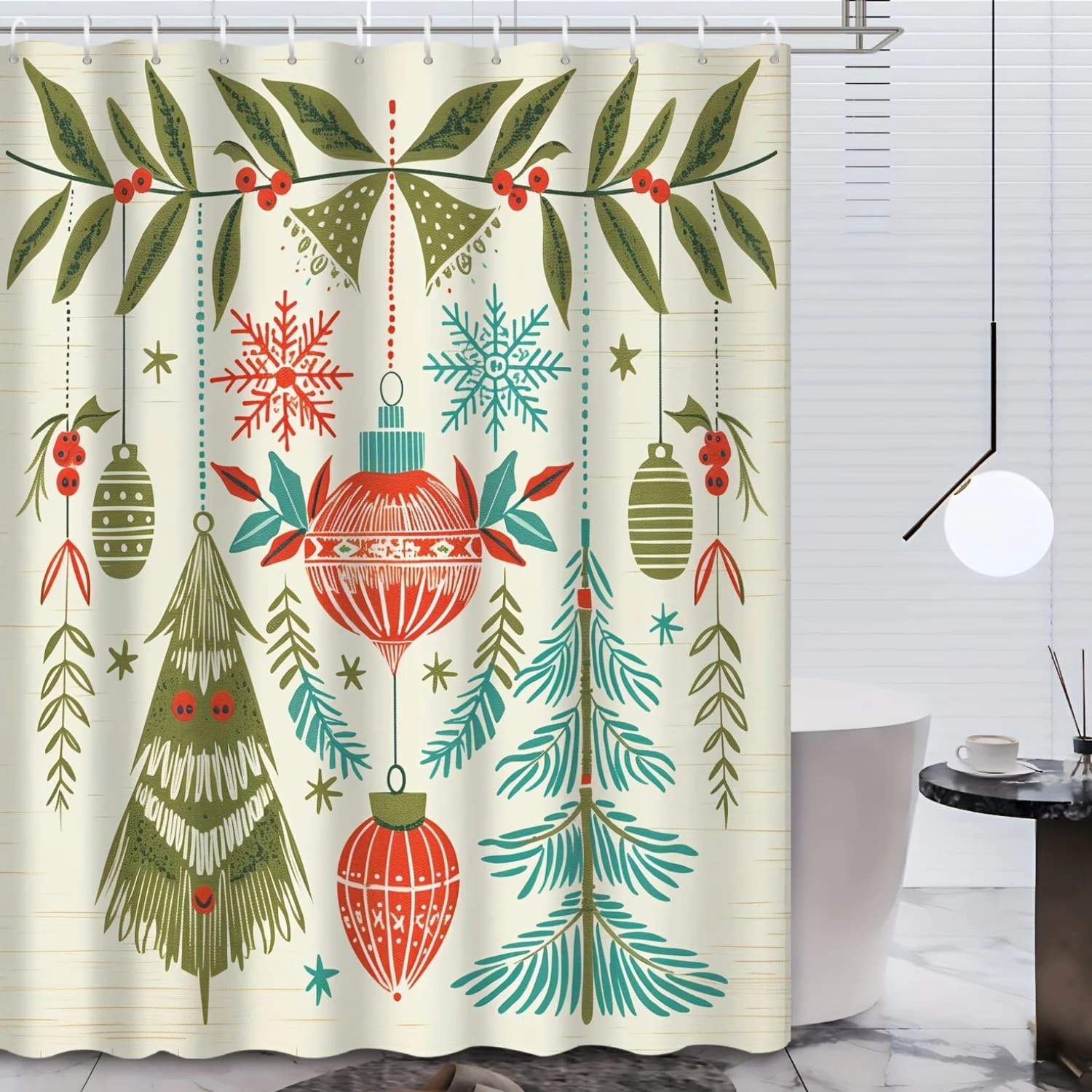 Set tenda da doccia natalizia con 12 ganci, lanterna rossa vintage e motivo a albero di pino, tessuto in poliestere resistente all'acqua