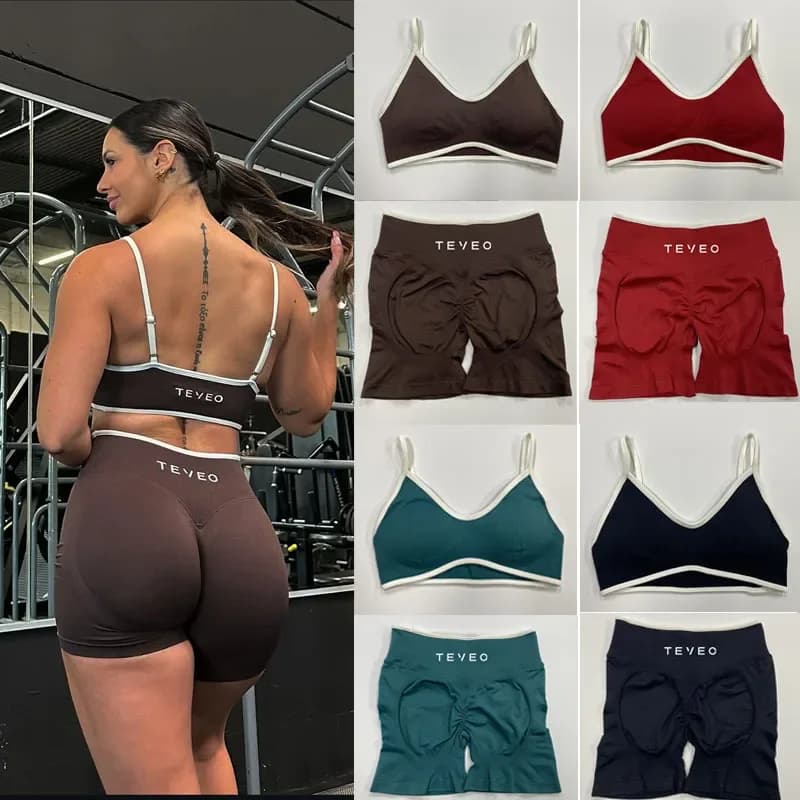 TEVEO Set Reggiseno e Pantaloncini da Yoga da Donna, Pantaloncini Sportivi Elastici per Fitness e Ciclismo, Ignite Sculpt Scrunch