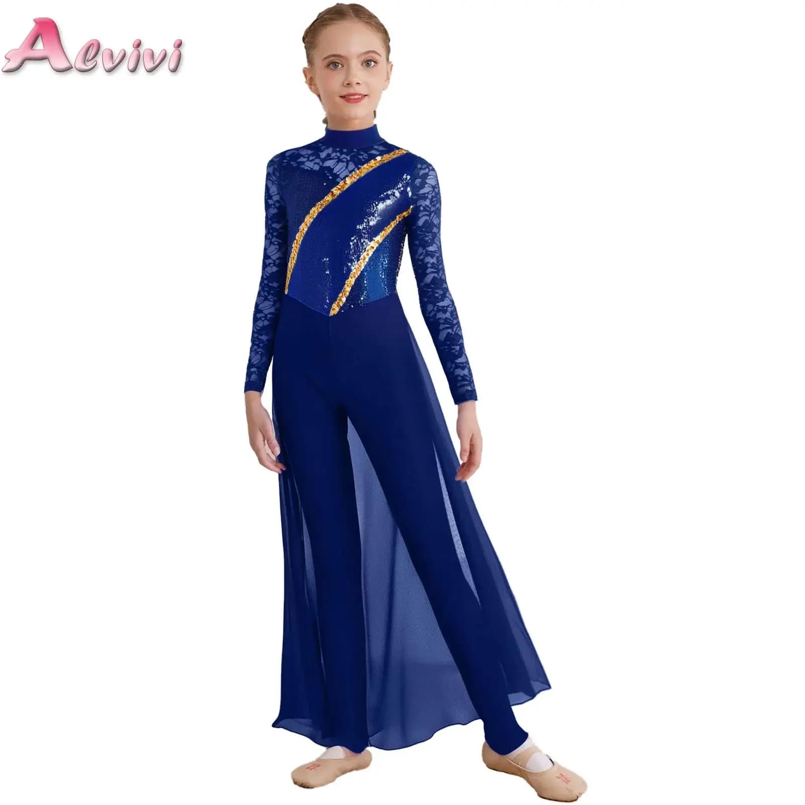 Kids Girls Gymnastics Figure skating Suit Floral Pizzo Paillettes Chiffon With Gonna Unitard Pagliaccetti Dresses Lirica Dance Costume