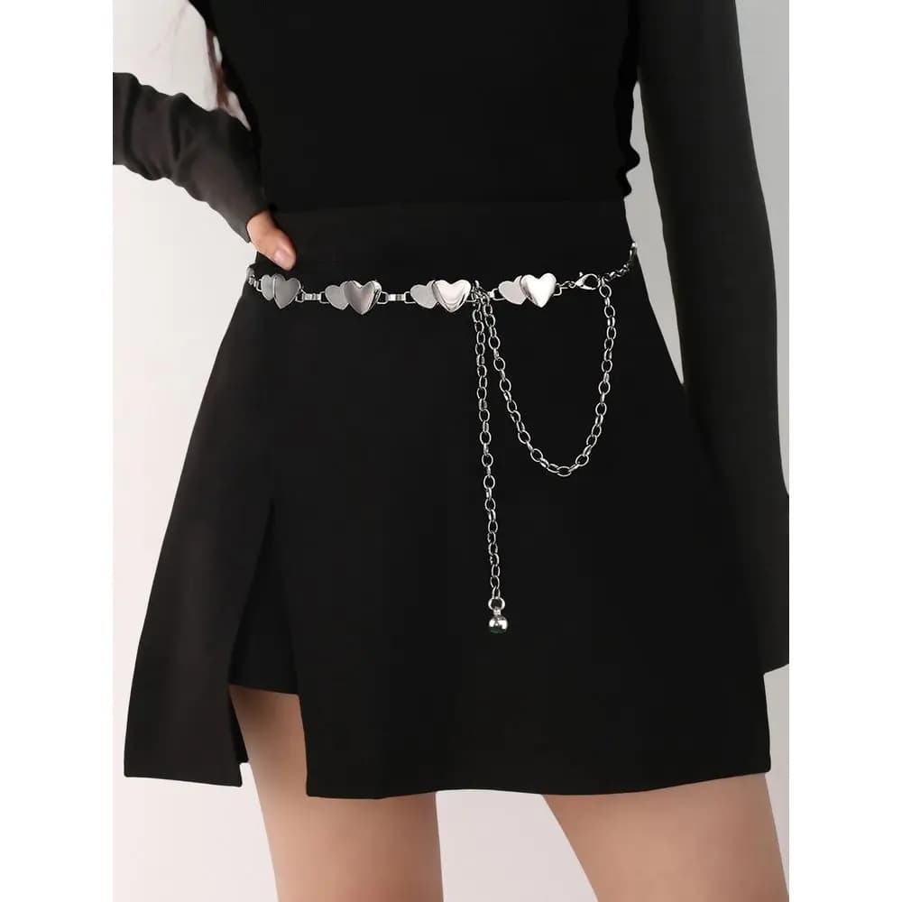 Shiny Silver Matte Solid Heart Spliced Thin Waist Chain, Double Long Short Side Hang Ball Pendant Low Rise Pleated Skirt Decor Accessory