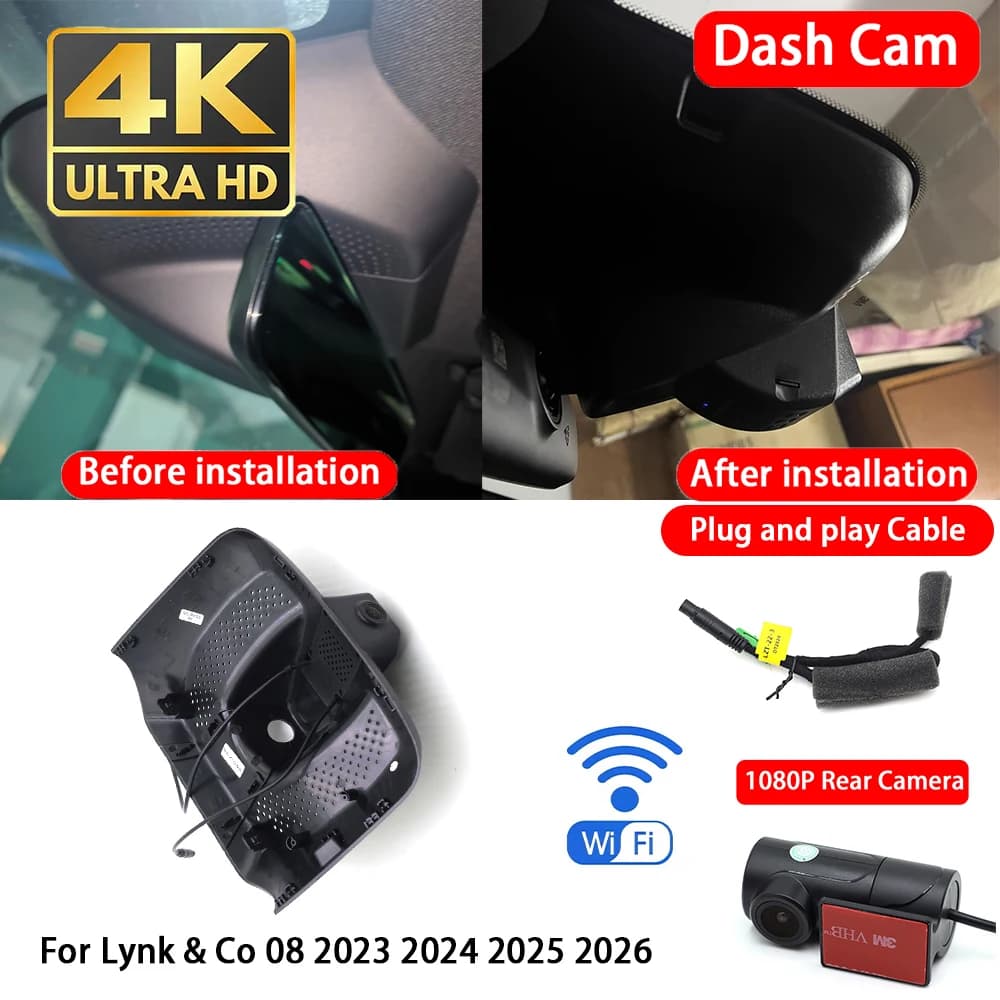 for Lynk & Co 08 2023 2024 2025 2026 4K Dash Cam Front Rear Car Camera DVR Wifi Plug & Play Video Recorder Loop Recording