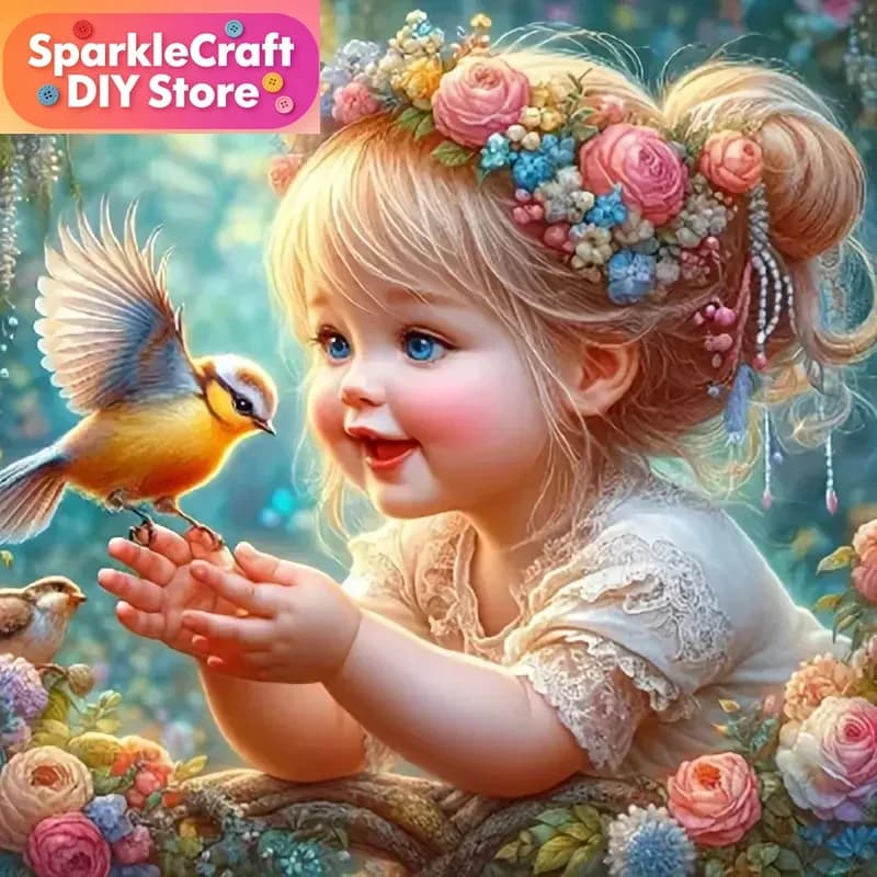 1 pz. Quadro senza cornice 5D con ricamo a diamante, Ritratto di ragazza, Pittura completa quadrata/rotonda, Uccello, Fai da te, Immagine con strass, Mosaico, Artigianato per bambini