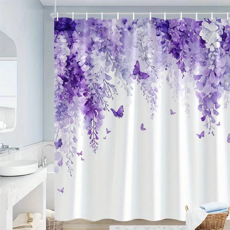 Tenda da doccia floreale – Glicine viola e bianco, farfalle, stampa piatta 2D, poliestere, con occhielli, 71x71 pollici