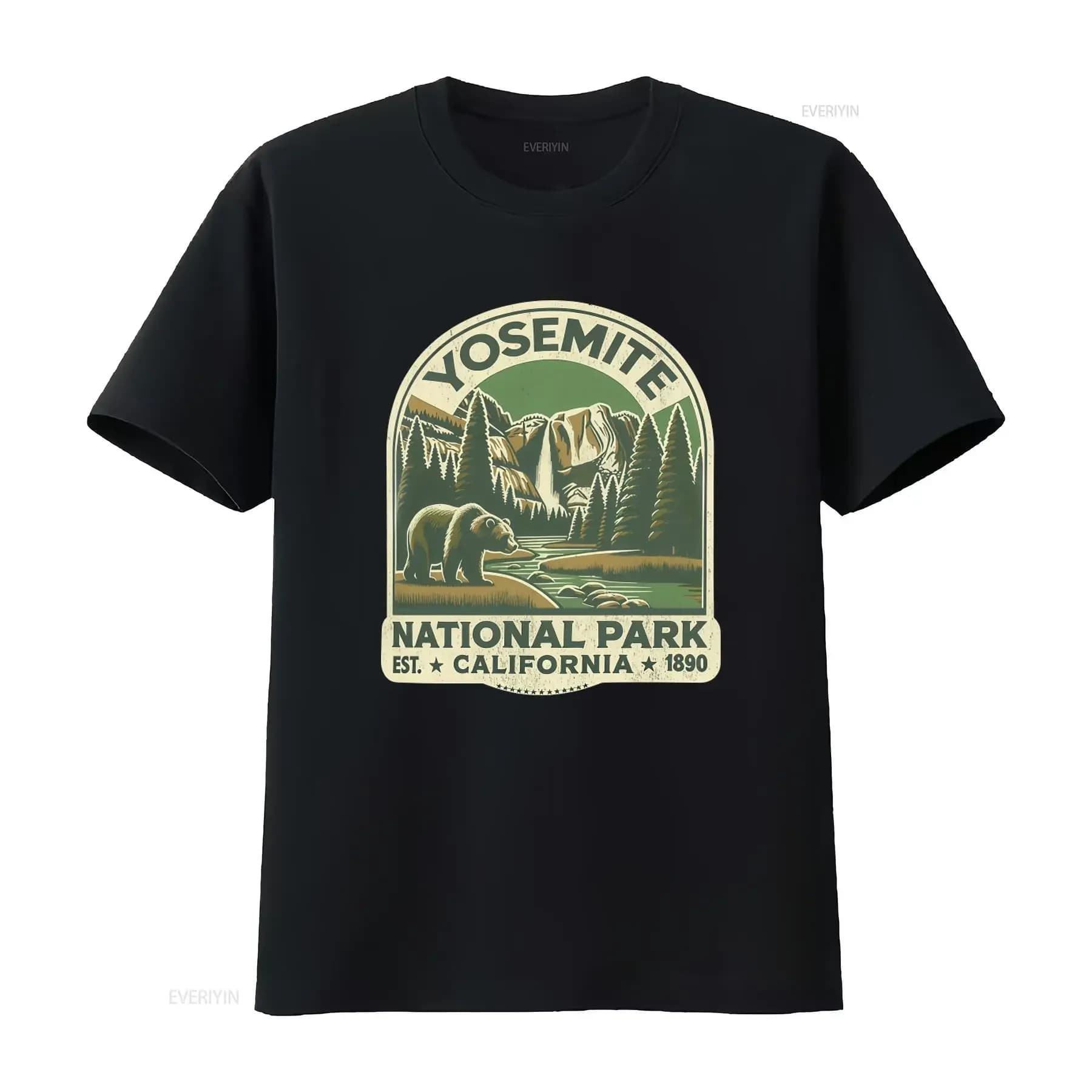 T-shirt vintage del Parco Nazionale di Yosemite girocollo per campeggio, escursioni, viaggi in California con design a cascata, effetto vintage lavato