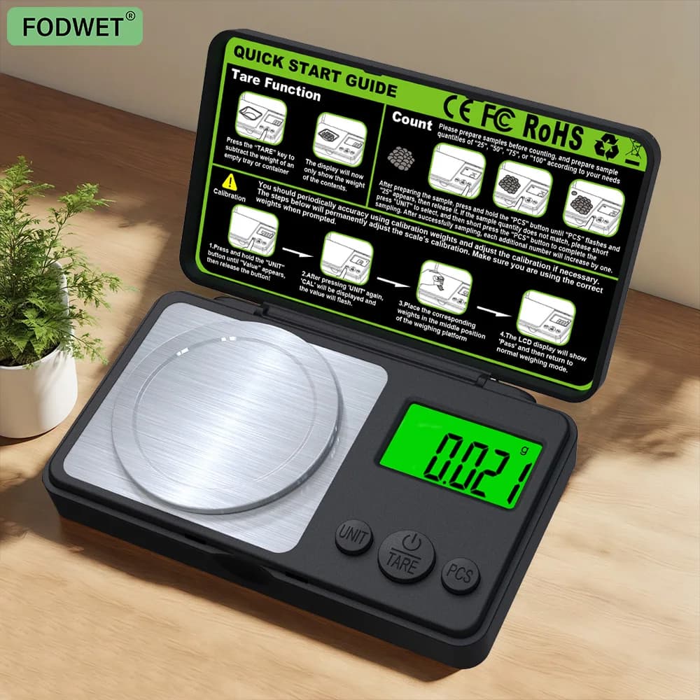 Fodwet 0,001 g Bilancia milligramma ad alta precisione con coperchio ribaltabile e clip per vassoi, display LCD per cucina, laboratorio, gioielli, erbe, pesatura