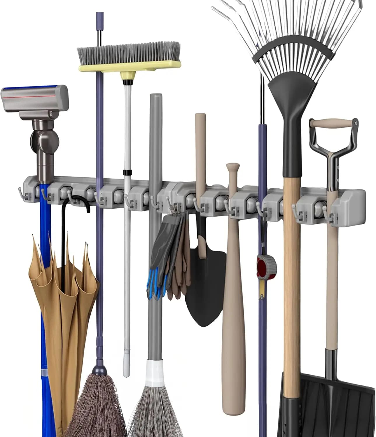 Supporto da parete per scopa e mocio con 5 slot regolabili, 6 ganci, portaoggetti per garage o organizzazione domestica, confezione da 2
