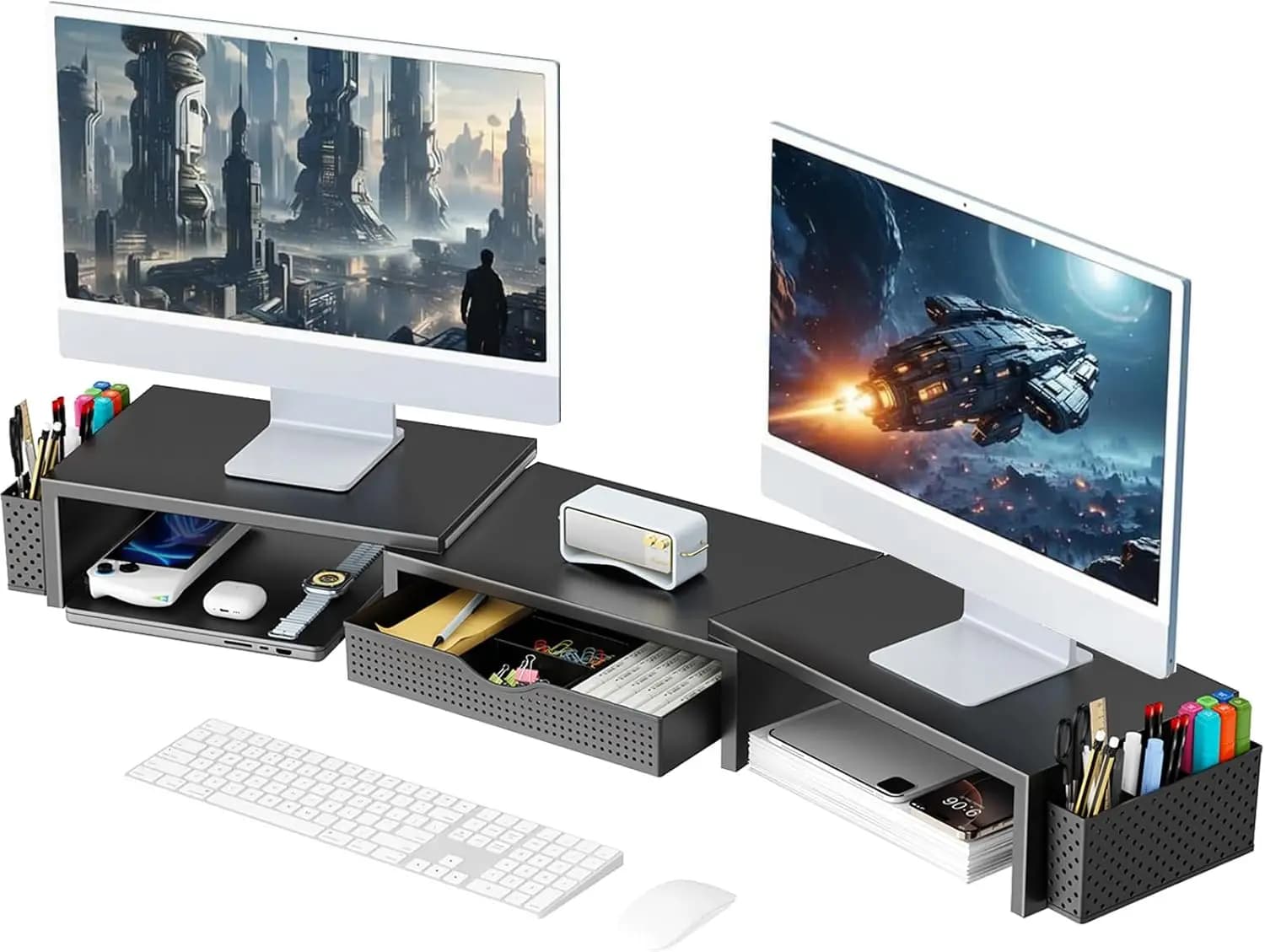 Support for Double Monitor with Drawer and Laptop, Adjustable Desk Organizer for Workplace Efficiency