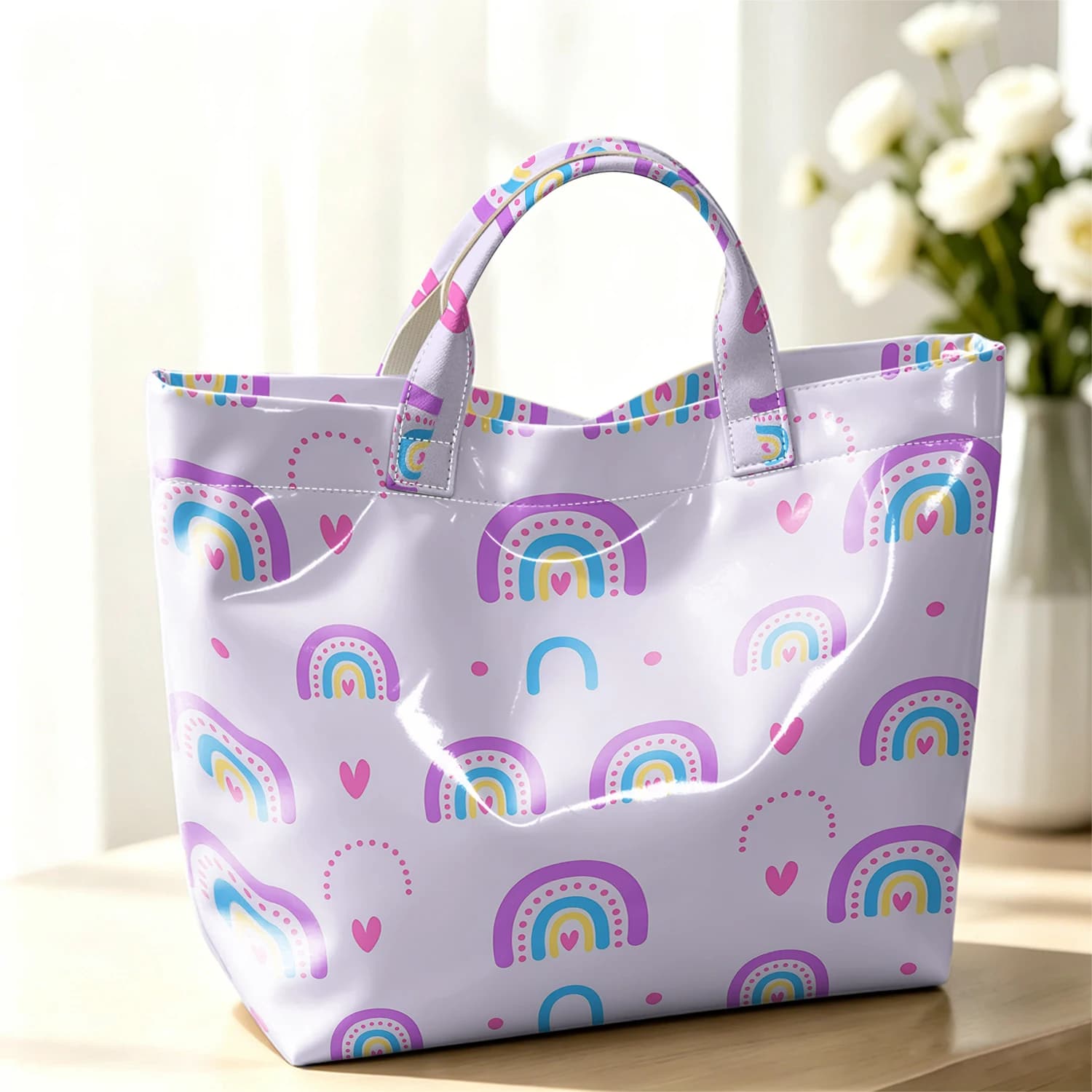 Lilac Pastel Rainbow Heart Fashion Large Glossy PVC Tote Bag Hand Washable Waterproof Travel Commute Cosmetic Storage Shopper