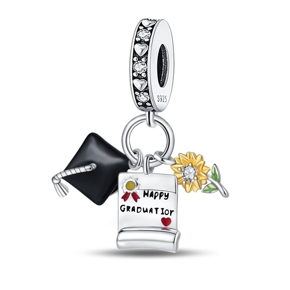 Ciondolo a forma di cappello da laurea, perline compatibili con bracciali in argento sterling 925, gioielli, regali ricordo di laurea per donne
