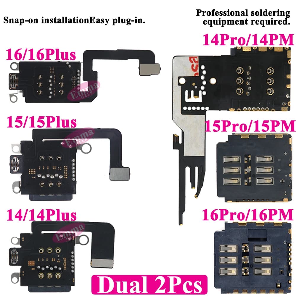 2pcs Dual SIM Card Reader Flex Cable for iPhone 16 15 Plus 14 Pro Max 12 13 11 XR Inner Tray Slot Socket Adapter