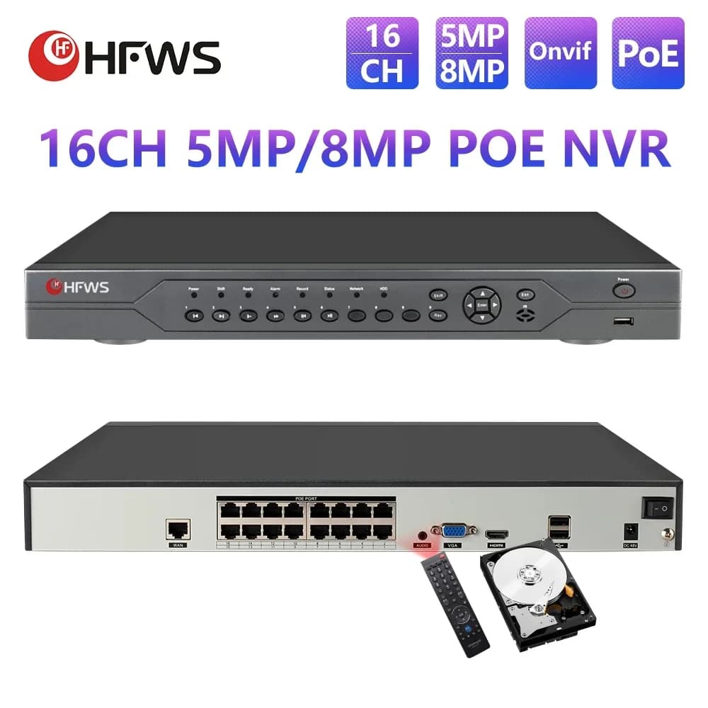 HFWVISION 16CH 8MP 4K CCTV Registratore NVR POE Onvif H.265 Telecamera IP CCTV Sistema di riconoscimento facciale XMeye