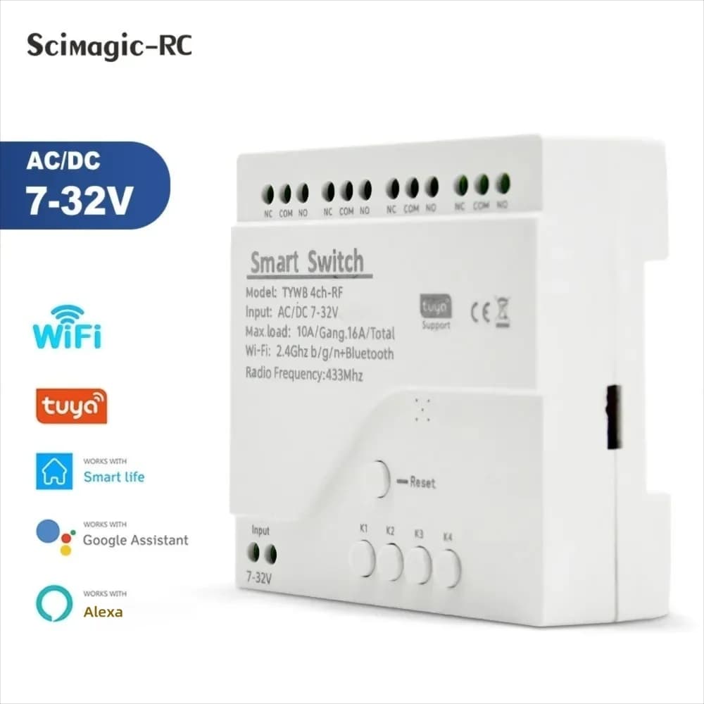 Tuya Smart WiFi 7-32V 85-250V Interruttore a 4 canali con alloggiamento per binario Ding, RF433, pollici, autobloccante, interblocco, funziona con Alexa