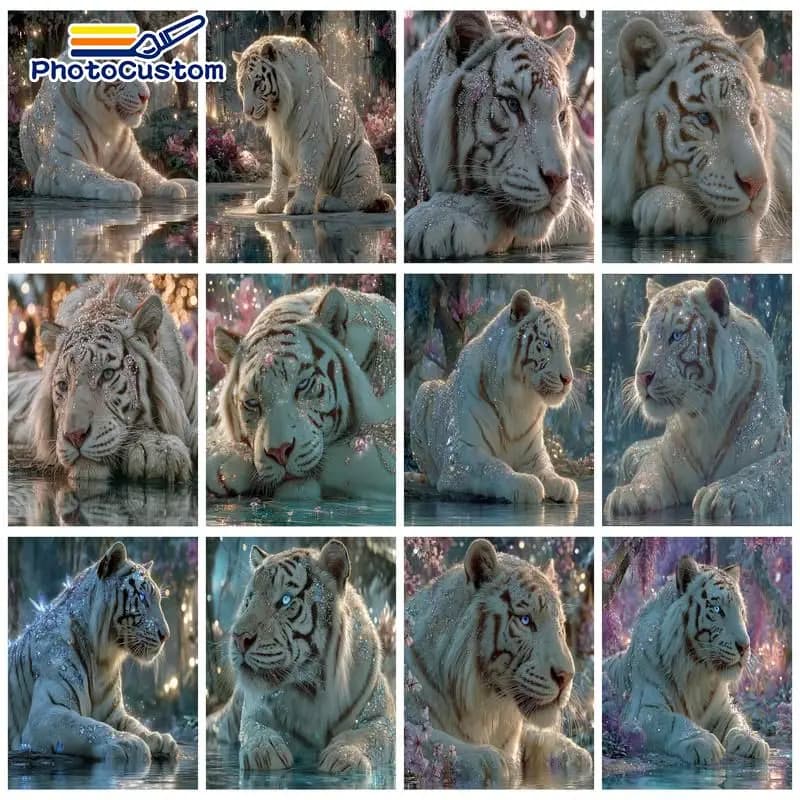 PhotoCustom White Tiger Paint By Numbers Home Decoration Diy Gift Animal Easy Acrylic on Canvas Handmade Coloring By Numbers