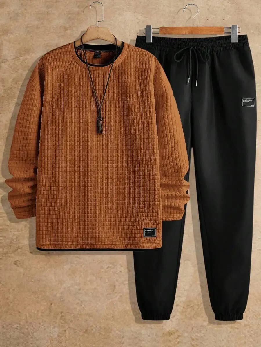 Manfinity VCAY Manfinity Modomio 2pcs Men's Knit Slim Fit Crew Neck Long Sleeve T-Shirt And Elastic Waist Pants Set, Autumn,