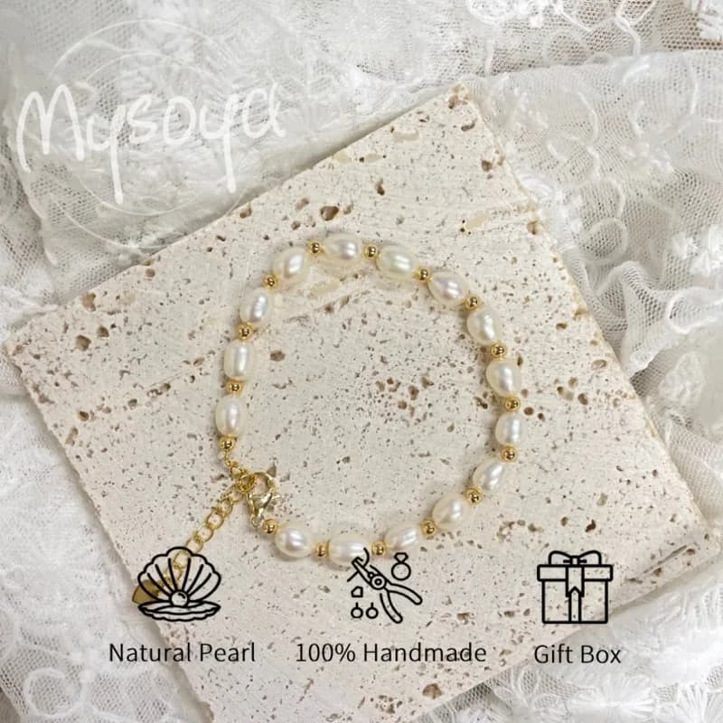 MYSOYA Bracciale con perle d'acqua dolce a forma di riso bianco da 6-7 mm con confezione regalo per lei/lui compleanno/matrimonio/Natale/Capodanno regalo