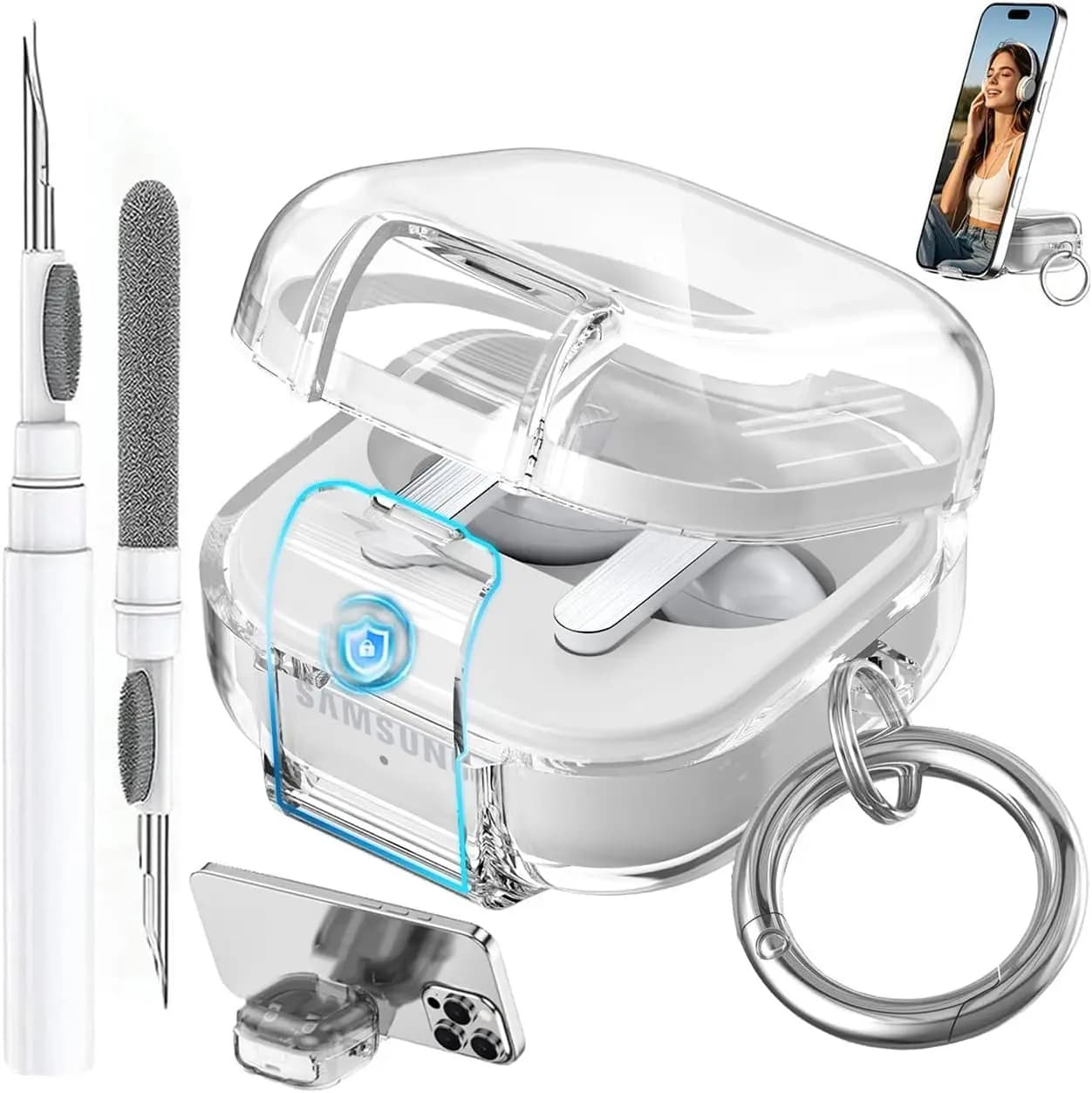 Custodia protettiva antiurto trasparente con chiusura sicura per auricolari Samsung Galaxy Buds 4/4 Pro (2026) con supporto per telefono