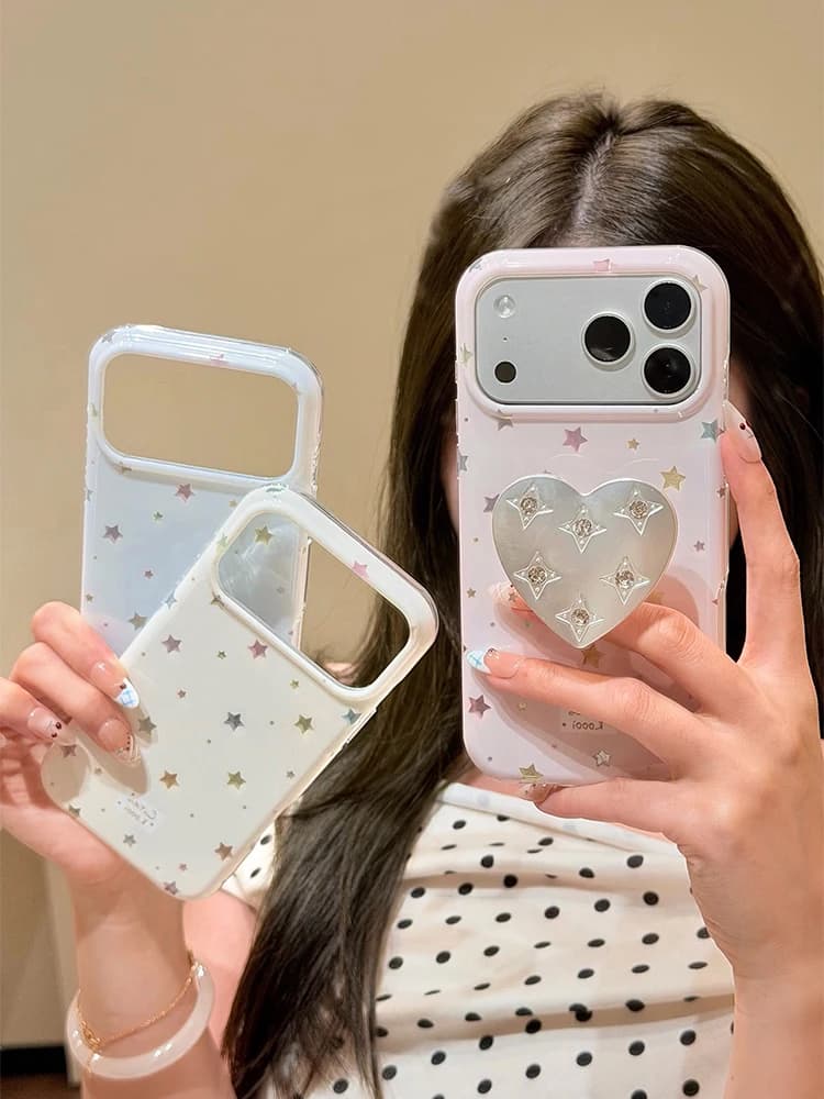 Ins Korean Full Screen Starry Sky Phone Case For iPhone 17 16 15 14 13 Pro Max Glitter Star Holder Back Cover
