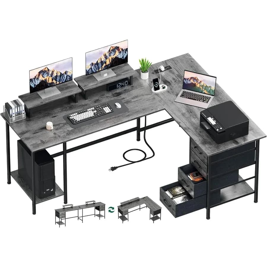 66 L Shaped Computer Desk 94.4'' Home Office Desk with Power Outlets 4 Adjustable Storage Drawers 2 Monitor Stands Large Two Pe