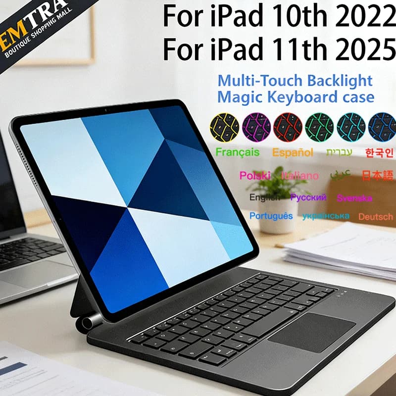 Custodia con Tastiera Bluetooth per iPad 2025 A16 11 Pollici 10a Generazione 2022, Tastiera in Arabo, Spagnolo, Italiano, Francese