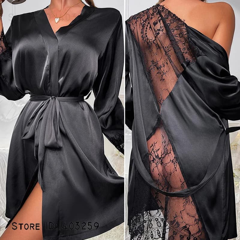 Prospettiva sexy Abito in pizzo Abito Kimono Accappatoio Abito estivo Nuove donne Indumenti da notte Intimo Lingerie Seta ghiacciata Homewear Pigiama