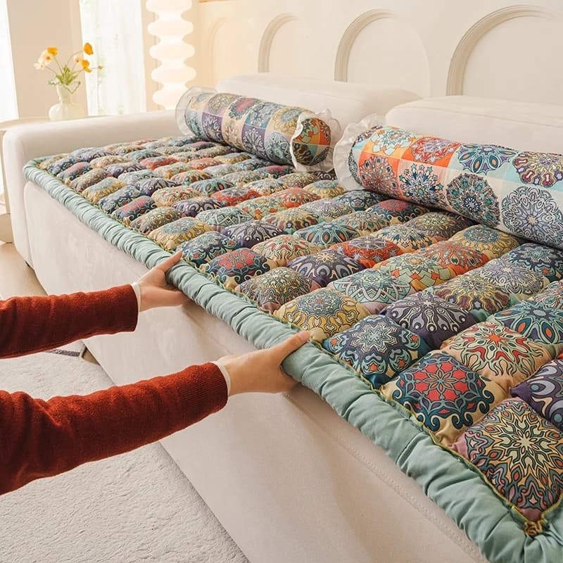 Copridivano Sezionale in Cotone Spesso Antiscivolo con Stampa Floreale, Copricuscino Antipolvere, Tappetino Tatami, Decorazione per la Casa, Fodera per Mobili