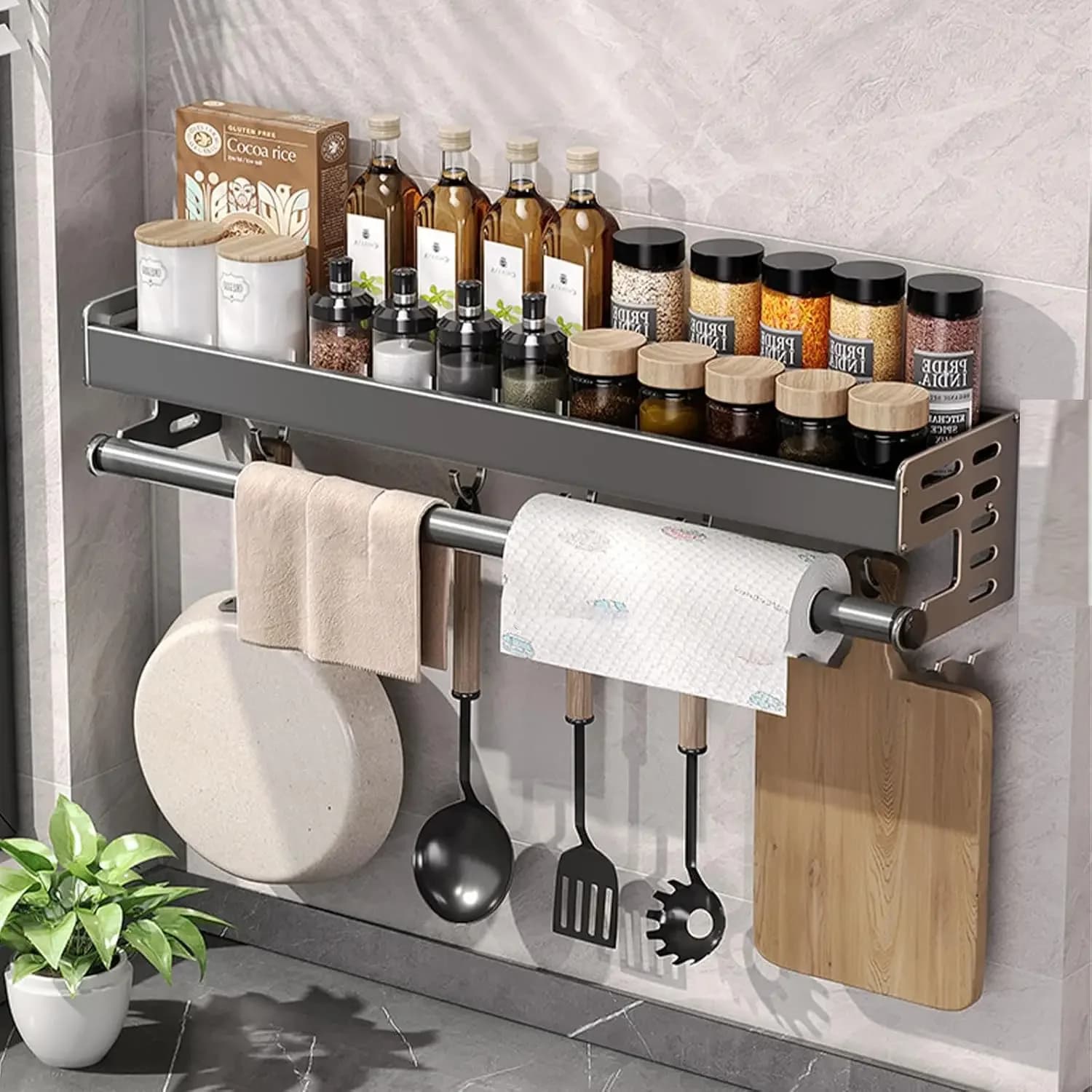 Wall Mount Utensil Holder Multifunctional Spice Organizer Shelf with Hooks Kitchen Hanging Storage Wall Shelf