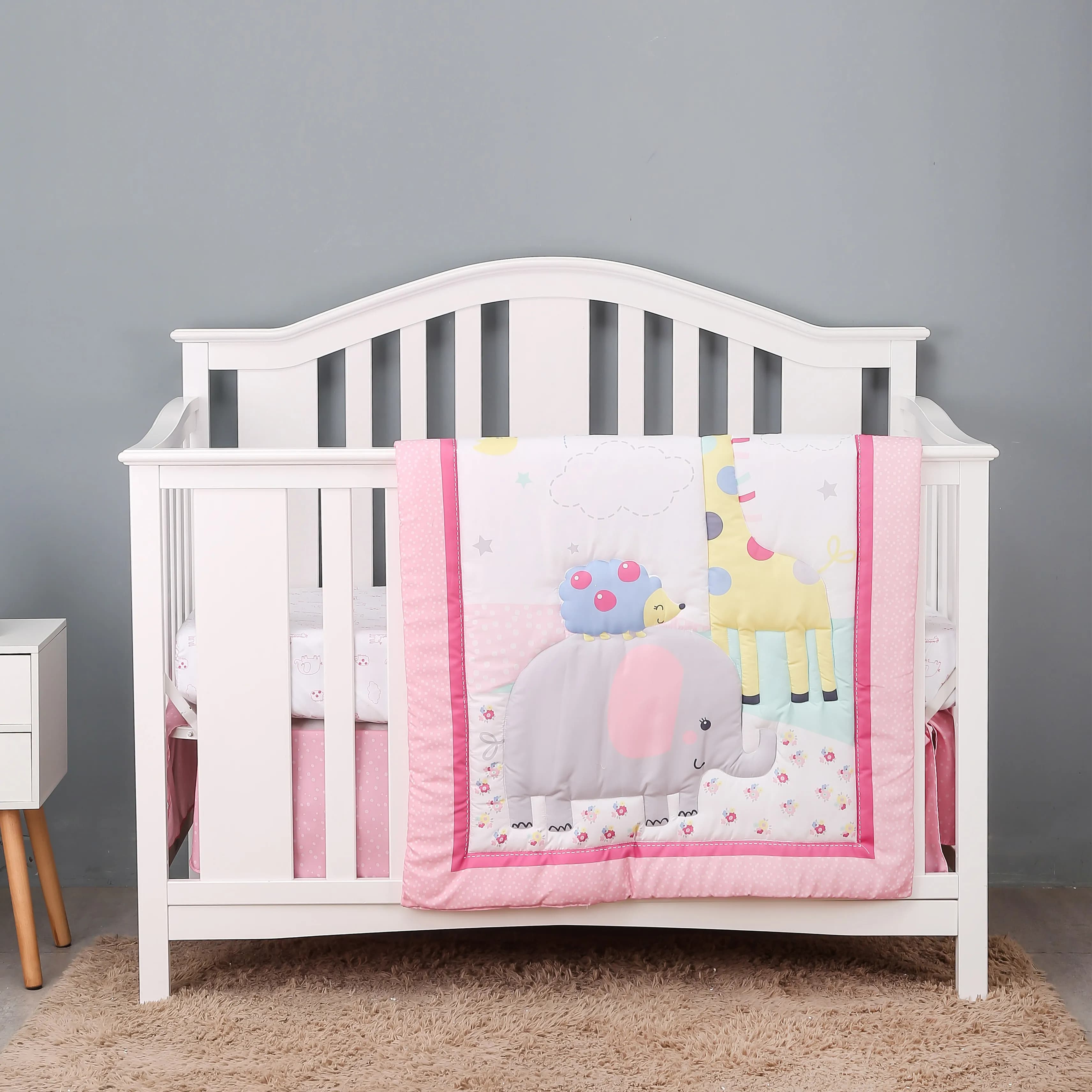 Pink Crib Bedding Set 3 Piece Cot Bedding Digital Printing Design Baby Girl Bedding Set (Comforter Fitted Sheet Crib Skirt)