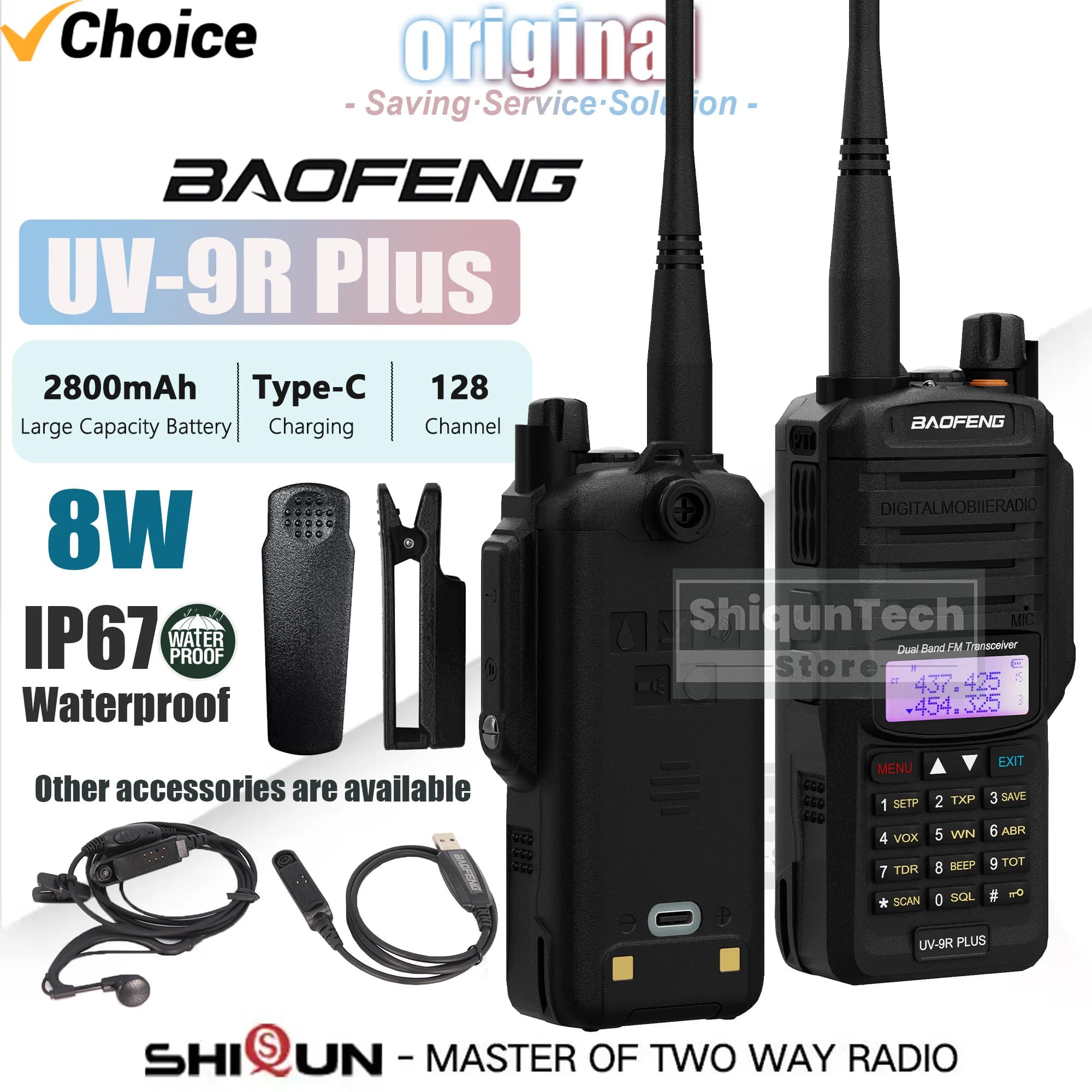 Baofeng UV-9R Plus IP67 Walkie Talkie Impermeabile 8W Type-C VHF UHF a Lungo Raggio UV-9R Plus Radio Portatile Bidirezionale per Caccia