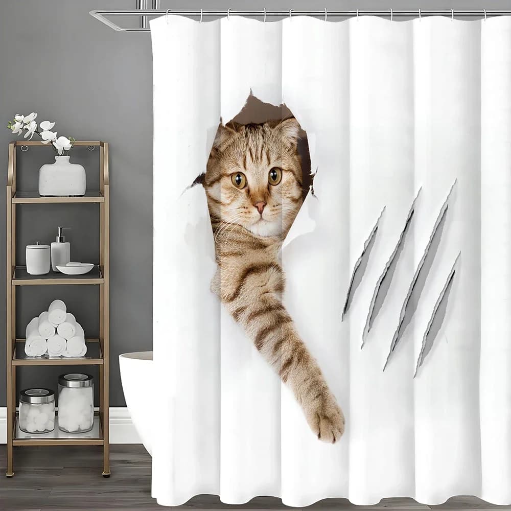 Il gattino si rompe fuori dal muro Tenda da doccia con stampa zampa di gatto, Tenda da doccia decorativa per il bagno, Tenda da doccia impermeabile con H
