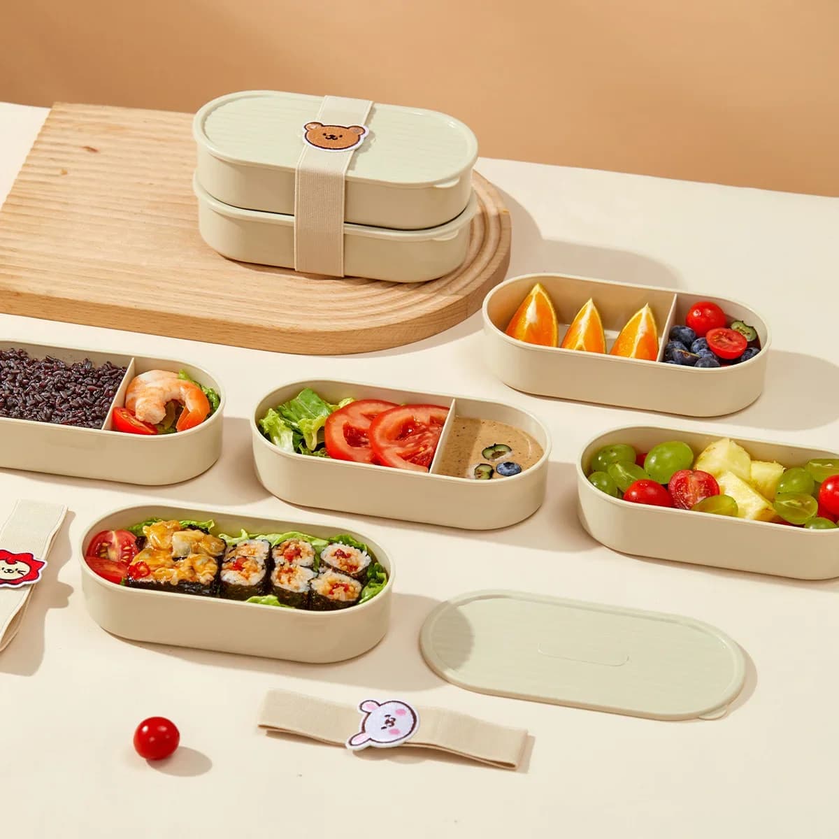 2 pz/set Ovale di Plastica Bento Lunch Box Con Cinghie Del Fumetto Microonde Sicuro Riutilizzabile a prova di Perdite Contenitore di Cibo Per I Bambini Studenti