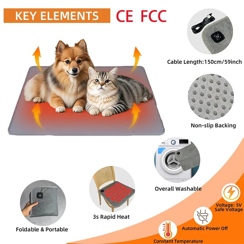 Winter Dog Cat Electric Blanket Heating Pet Pad Washable Anti-Slip Kennel Mat Warm Waterproof SUB Interface Backrest Cushion
