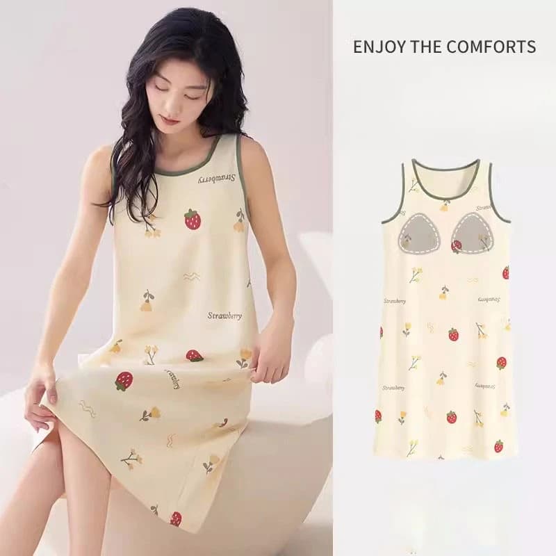 Korean Style Women Sleeveless Vest Nightgown With Chest Pad Summer Mid Length Cartoon Bear Print Casual Loungewear Sleep Dress