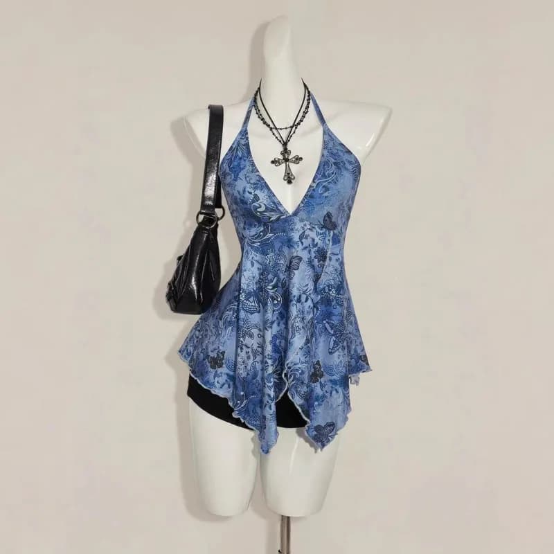 Butterfly Print Deep V-Neck Halter, Backless Asymmetrical Camisole Vest Female Clothing Y2K Top