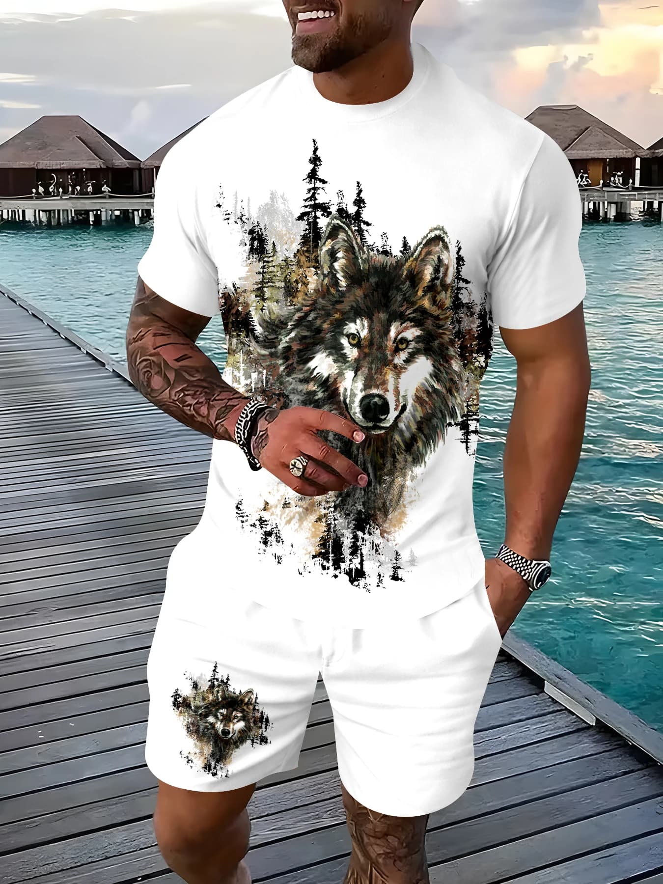 Summer Men 2-Piece Matching Outfit, White Base Forest Pine Tree Wolf Head Art Graphic Short Sleeve Top & Shorts Casual Beach Set